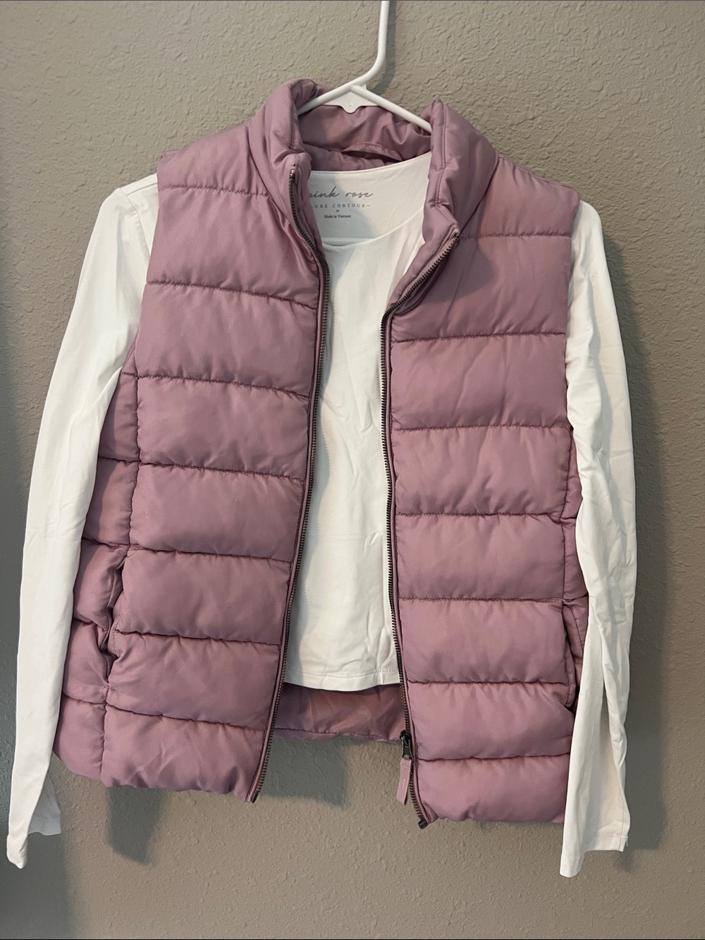 Pink Rose Mauve Quilted Puffer Vest & soft long sleeve tee womens size s & m